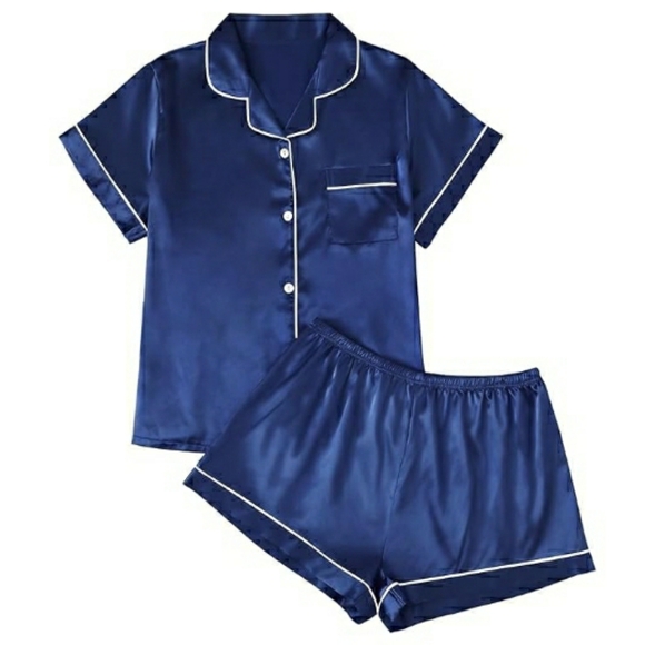 Silk Satin Fall Soft Pajama Set Matching Lounge Button Up Navy Blue - Picture 7 of 7